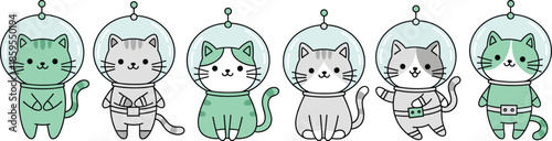 Cute astronaut cats character set wearing space helmets, kawaii cartoon animal illustration isolated on white background vector