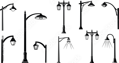 Collection of Black Silhouette Street Lamp Posts in Various Styles on White Background Keywords: street lamp, lamppost, lamp