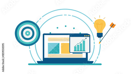 Laptop showing web results on screen with graphs and charts hitting target with dartboard and lightbulb for business strategy and innovation