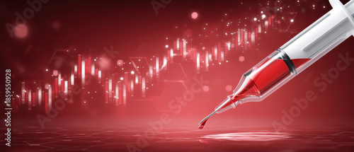 Serious biotechnology investment with red medicine syringe and finance chart