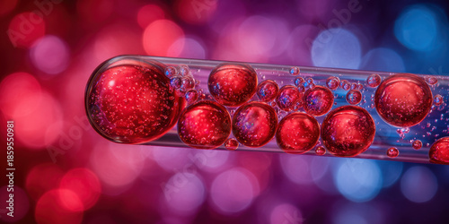 Vibrant biotechnology research with red blood cell in glass tube against colorful bokeh