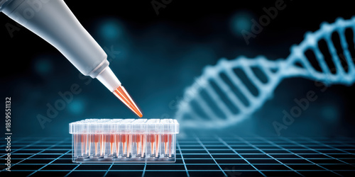 Pipette drop sample for biotechnology research with abstract genetic dna helix background