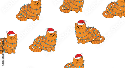 Cute Christmas cat seamless pattern wearing Santa hat and tangled fairy lights, festive holiday cartoon vector background