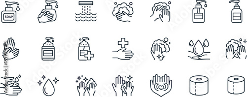 Hand washing hygiene line icons set showing soap sanitizer water cleaning protection health safety outline vector illustration collection medical care