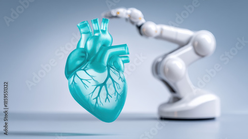 Futuristic robot arm holding blue heart symbolizes advanced medical biotechnology innovation