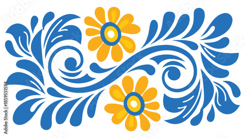 Vibrant floral design with swirling blue and yellow flowers
