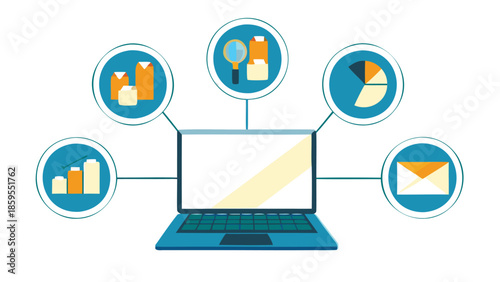 Online marketing analysis on laptop with graphs and charts icons around it showing data statistics and email
