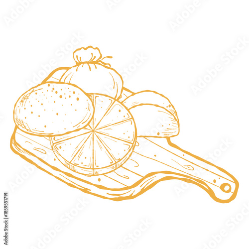 Cheese on cutboard, serving illustration. Charcuterie on board, cheese platter art. Board with cheese, menu sketch