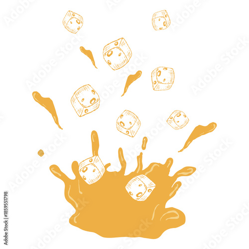Cheese cubes splash, dynamic food illustration. Splashing cheese cubes, playful snack art. Cheese splash graphic, energetic food vector
