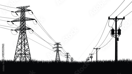 Silhouette of Electricity Pylons and Power Lines Against White Sky Keywords: electricity, power, energy, transmission, pylons