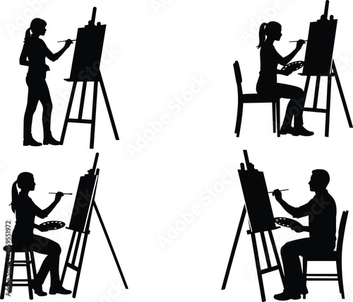 Artist painting silhouettes set showing male and female painters sitting and standing at easels with canvas brushes vector illustration design