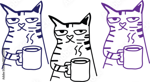 Cute cartoon vector illustration of a funny black kitten face and domestic pet animals featuring a cat and mouse, cat and dog, and feline sketch silhouette icons