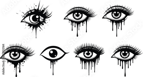 Dripping eye silhouettes collection with lashes tears ink splatter surreal gothic makeup tattoo style black and white vector illustration set
