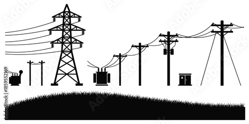 Silhouette of Electricity Transmission Equipment and Grass on White Background Keywords: electricity, power, energy