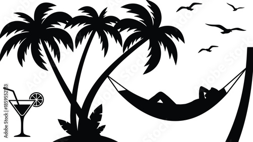 Silhouette of Person Relaxing in Hammock Under Palm Trees with Drink and Birds Keywords: silhouette, person, relaxing, hammock