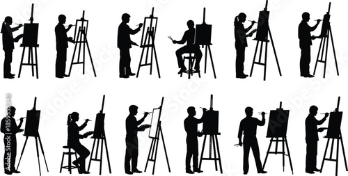 Artist painting silhouettes collection showing male and female painters working at easels with canvas brushes creative studio vector illustration set