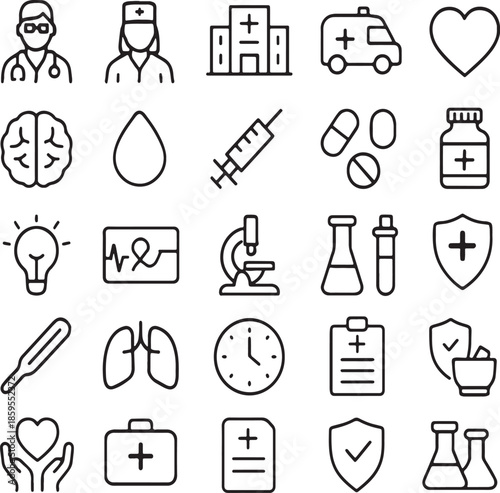 Medical & Healthcare Clear Line Art Icon Set – Medium Bold Outline Icons