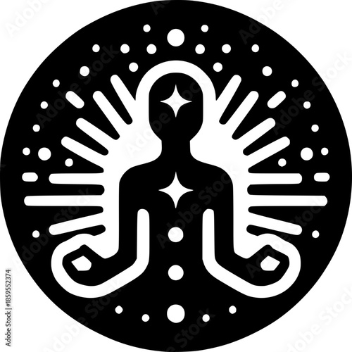 Inner Radiance: The human form, illuminated by cosmic energy, meditates peacefully amidst a celestial aura, a perfect image of inner peace and serenity.