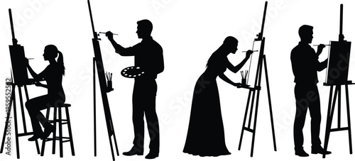 Artist painting silhouettes showing male and female painters working at easels with canvas brushes creative studio vector illustration isolated set