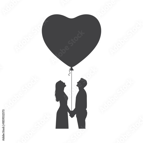 Illustration of silhouette of a loving couple holding hands under a heart shaped balloon, valentine love silhouette vector