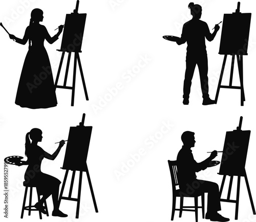 Artist painting silhouettes set showing male female painters at easel with canvas brushes creative studio illustration isolated vector design concept
