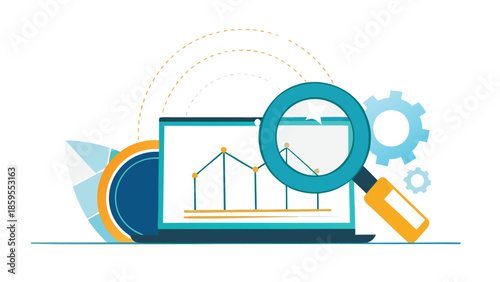 Seo analysis scene with laptop computer and magnifying glass on screen showing graph