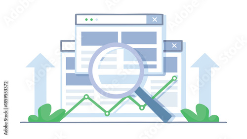 Seo concept showing magnifying glass over web page with increasing graph and arrows