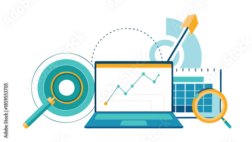 Seo concept using abstract shapes laptop integrated with magnifying glass and chart analysis for optimization