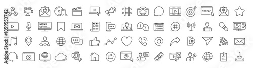 Collection of various line art icons representing social media and communication concepts.