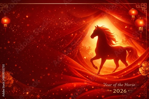 Elegant Year of the Horse 2026 Chinese Lunar New Year Background with Silhouette Horse and Lanterns