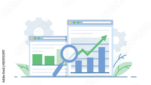 A detailed illustration of website analytics and seo performance showing data analysis blocks with graphs and a magnifying glass on a clean