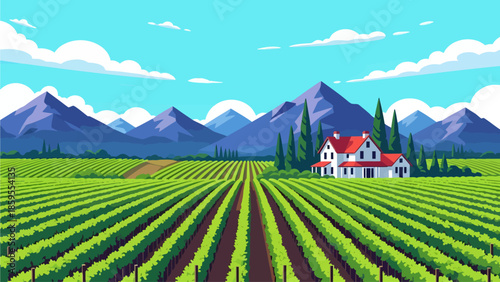Vibrant flat vector landscape featuring lush green vineyard rows leading to a white farmhouse with a red roof, set against majestic purple mountains and a sunny blue sky with fluffy white clouds
