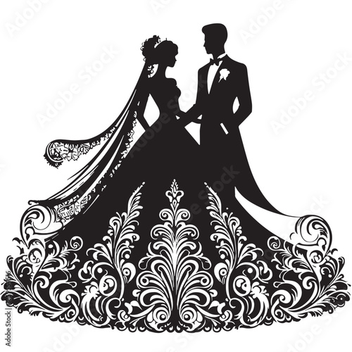 Black Bride and groom in full wedding attire Silhouette Vector, High Quality Illustration on White Background