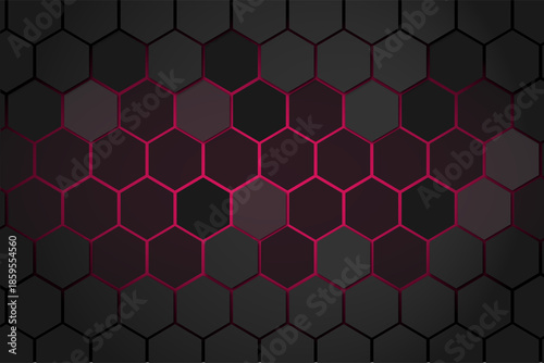 A striking abstract background featuring a dense arrangement of dark hexagonal shapes with glowing reddish pink accents creating a futuristic and modern aesthetic