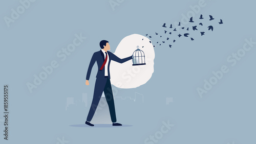 Man in a suit holding birdcage with birds flying out, freedom concept, business illustration, dramatic composition, side view