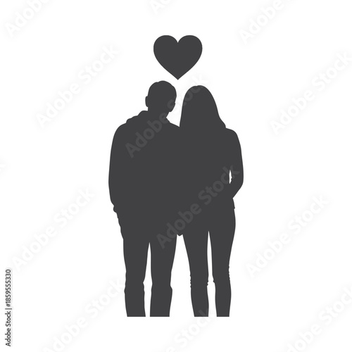 Illustration of black silhouette of a loving couple with a heart above them on, valentine love silhouette vector