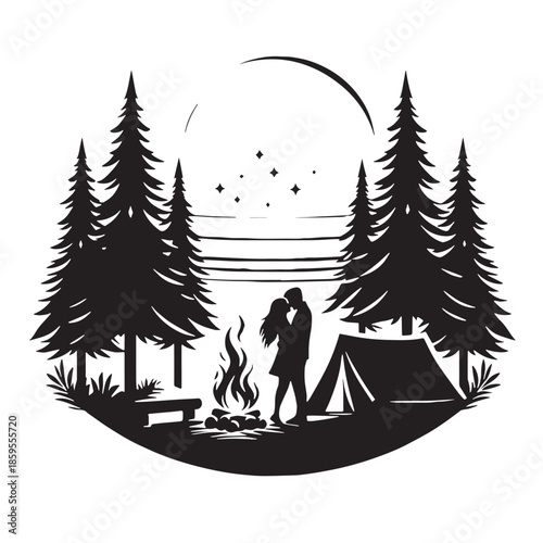 Black Campsite Romance Silhouette Vector, High Quality Illustration on White Background