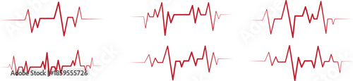 Set of red heartbeat waveform lines on a white background. Multiple ECG style pulse signals show varied rhythms and intensities. Ideal for medical design, healthcare visuals, data graphics, 