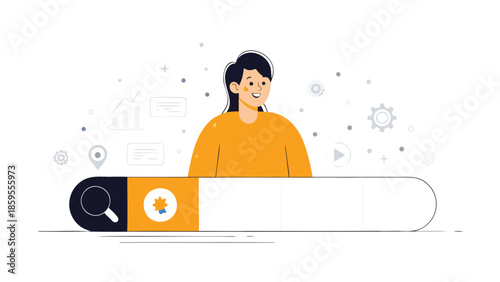 Smiling person in yellow sweater standing behind a large search bar with icons, representing online search and digital media