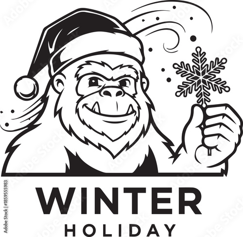 Festive Gorilla Winter Holiday Silhouette with Santa Hat and Snowflake
