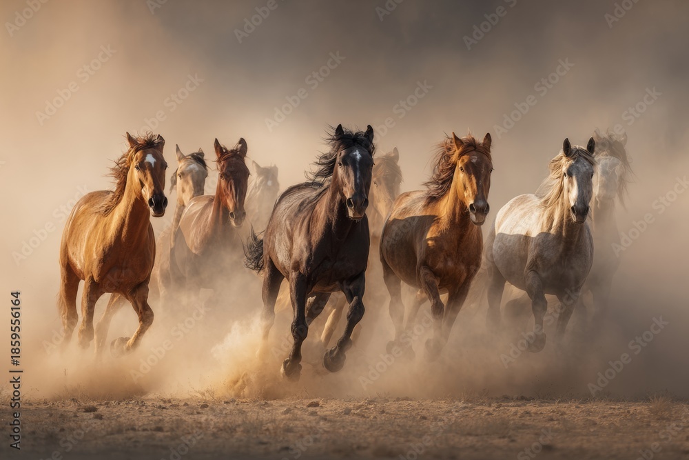 Obraz premium Horses Gallop Through Swirling Dust Clouds in the Desert Showcasing Unique Colors and Patterns in Dynamic Action