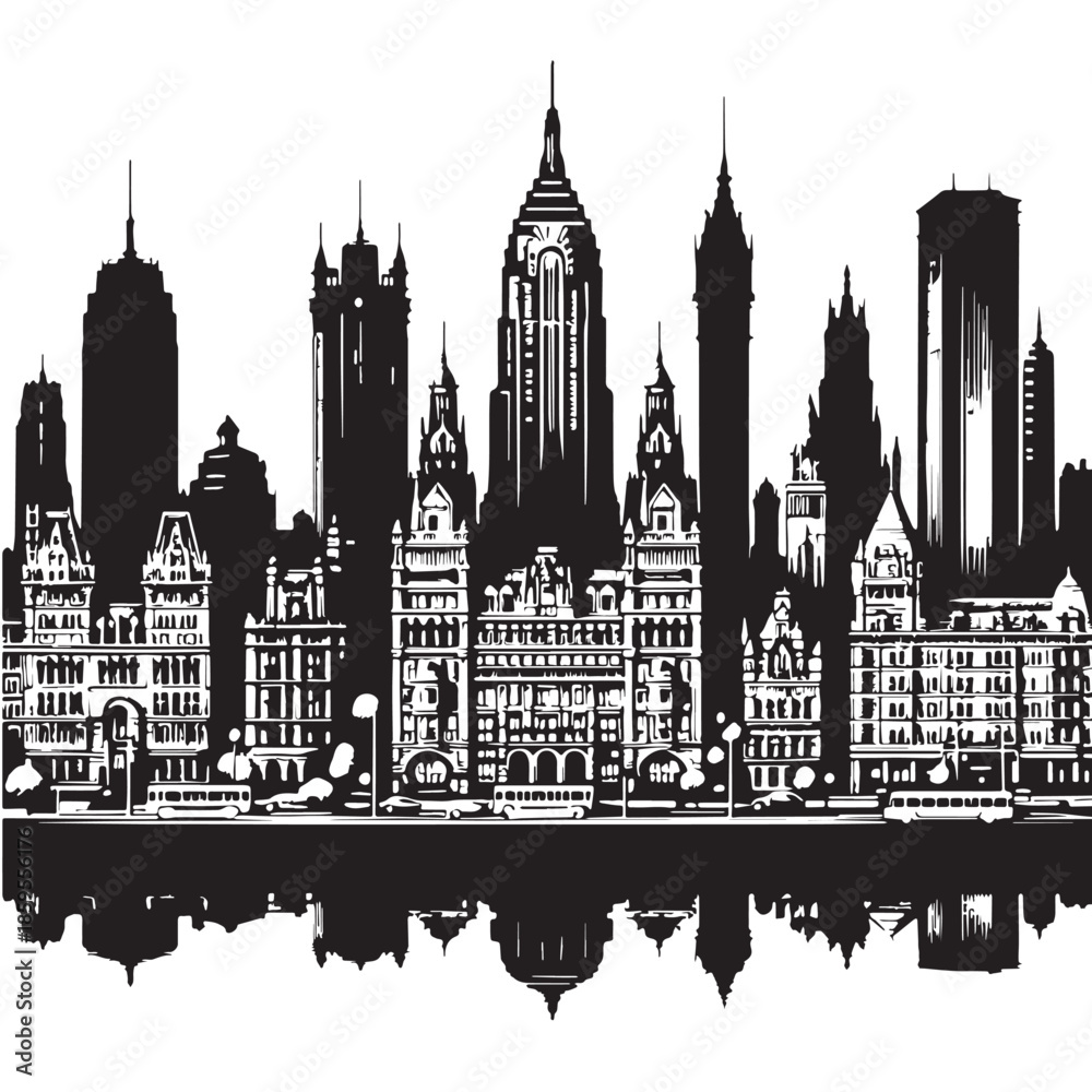 Fototapeta premium Black City Skyline Silhouette Vector, High Quality Illustration on White Background