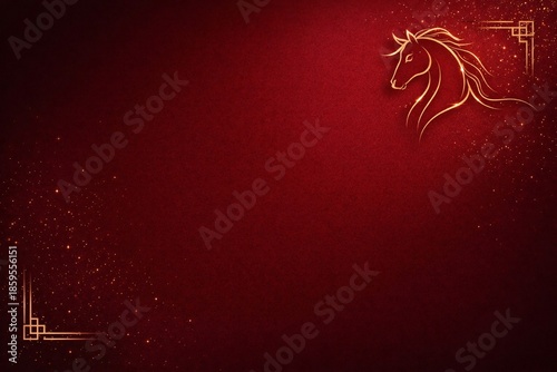 Elegant Chinese Lunar New Year 2026 Background with Golden Horse Outline and Sparkles on Red