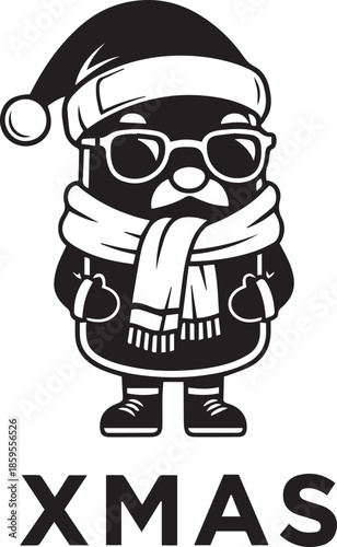 XMAS Cartoon Silhouette Character with Santa Hat, Scarf, and Sunglasses