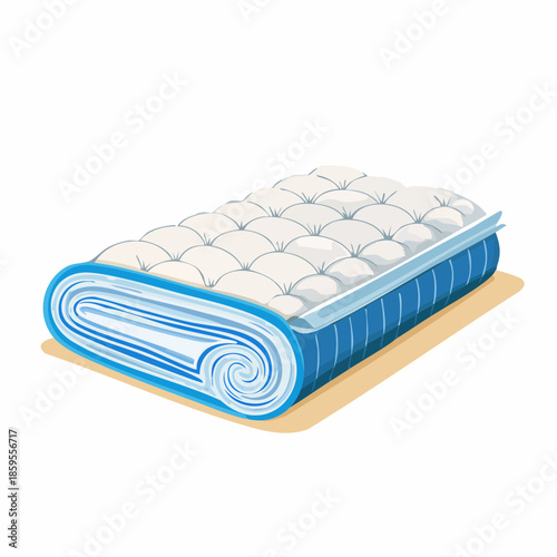 Rolled up white mattress with blue border and quilted top against a light brown background in isometric perspective