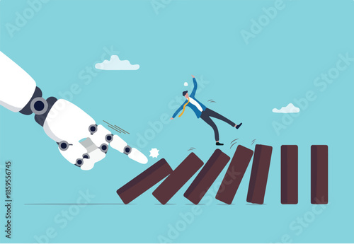 AI to disrupt human work, Artificial intelligence impact or challenge, job uncertainty future, innovation effect, AI change concept, AI robot arm push to collapse domino, businessman falling down.