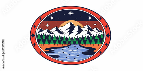 A scenic mountain landscape with river and starry sky inside an oval frame