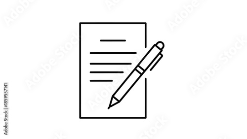 Outline Icon of a Document with Text Lines and a Pen Writing on an Isolated White Background