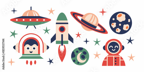 Colorful space elements including rockets planets ufo and astronaut illustrations