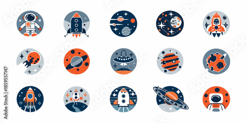 Colorful space themed icons depicting rockets planets and astronauts